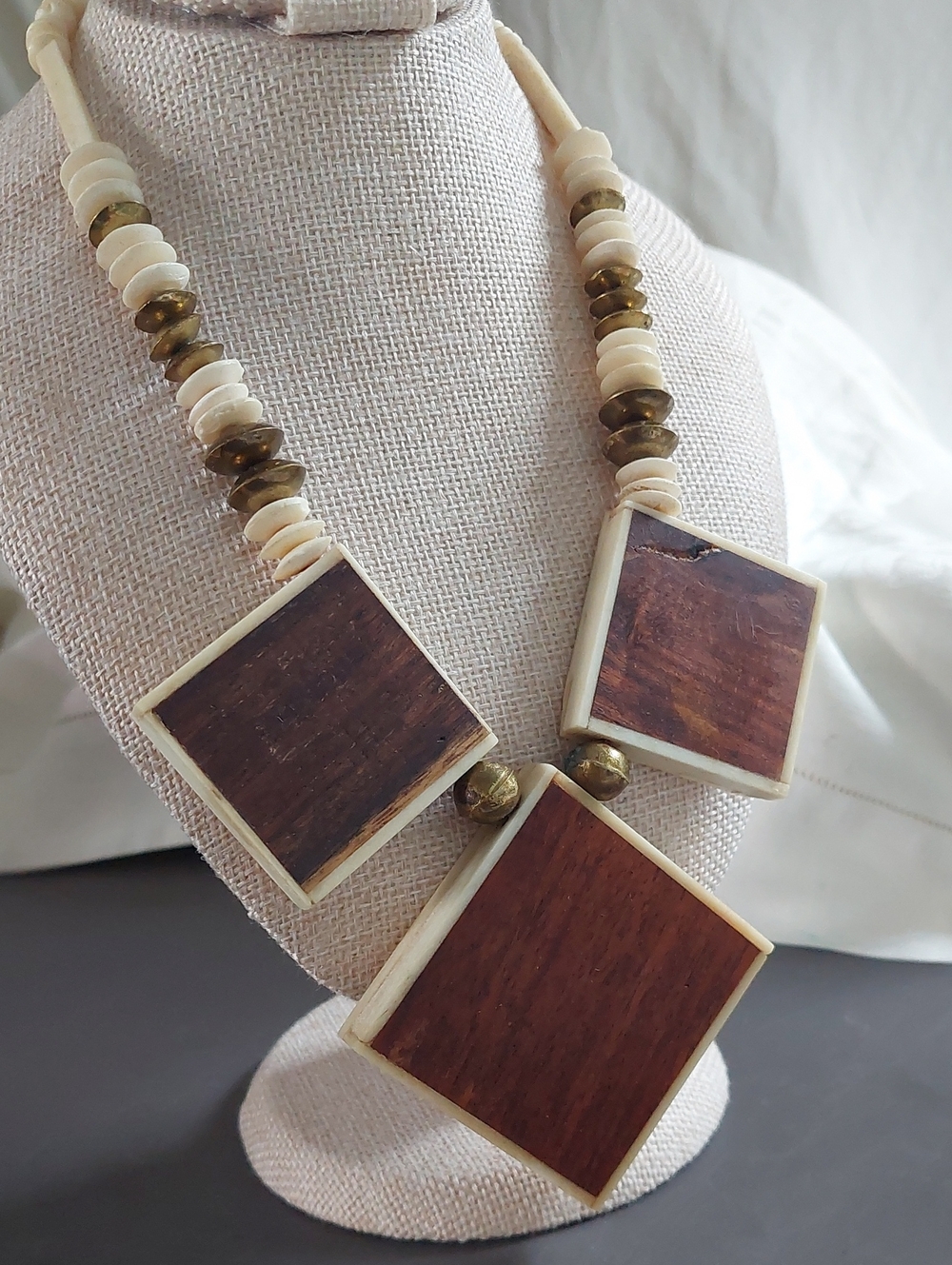 Vintage Handcrafted Brown Wood & Bone Bead Statement Necklace